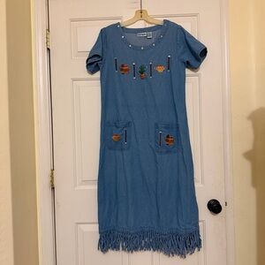 Vintage Las Olas Southwestern Blue Embroidered Fringe Denim Dress Denim Small S